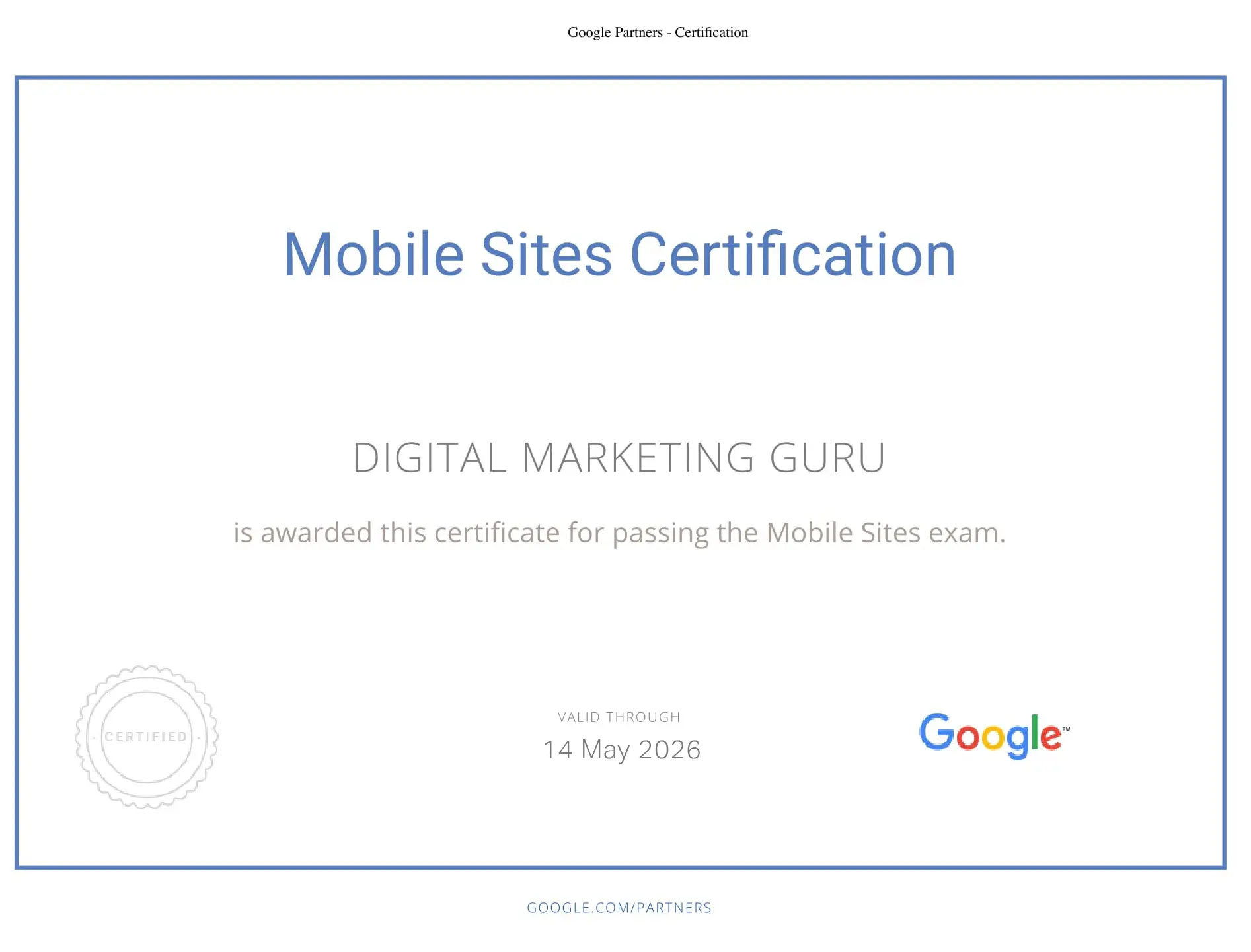 Mobile Site Certificate